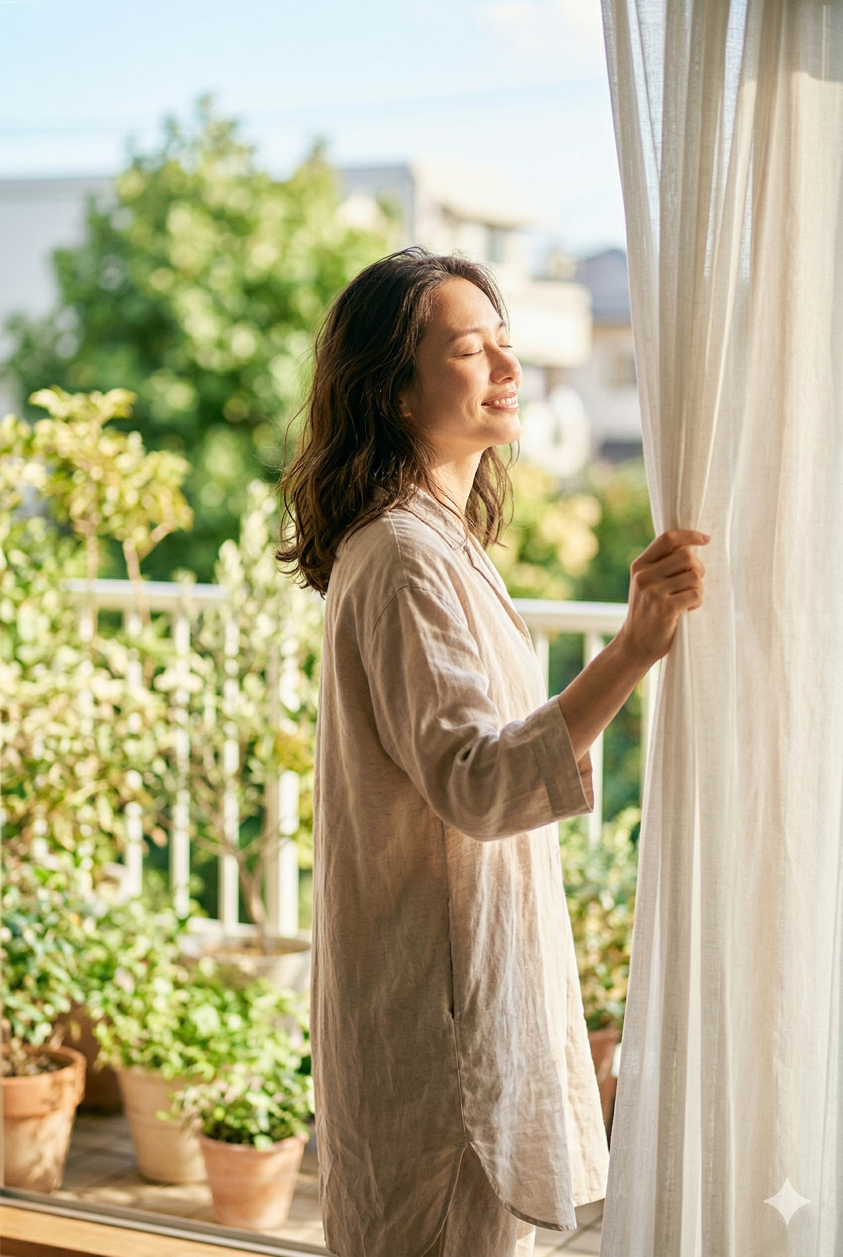 カーテンを開けて、朝日を浴びる
